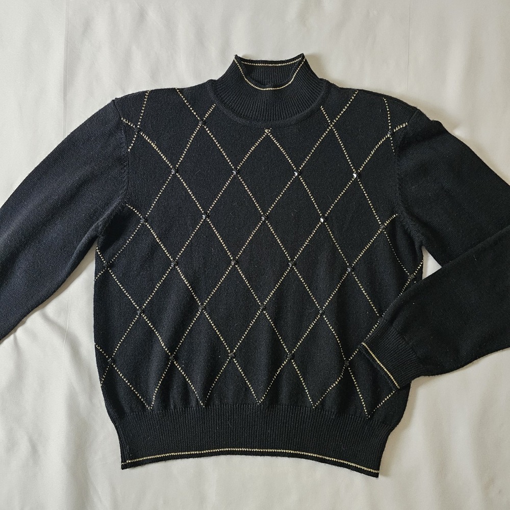 Vtg Liz Claiborne Black Gold Beaded Wool Blend Sweater Womens‎ M